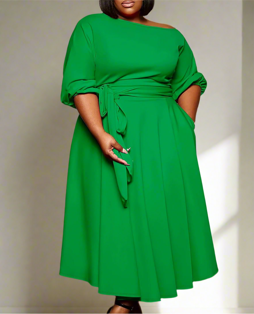 Dress ~ Green Half Sleeve Slash Neck with Belt