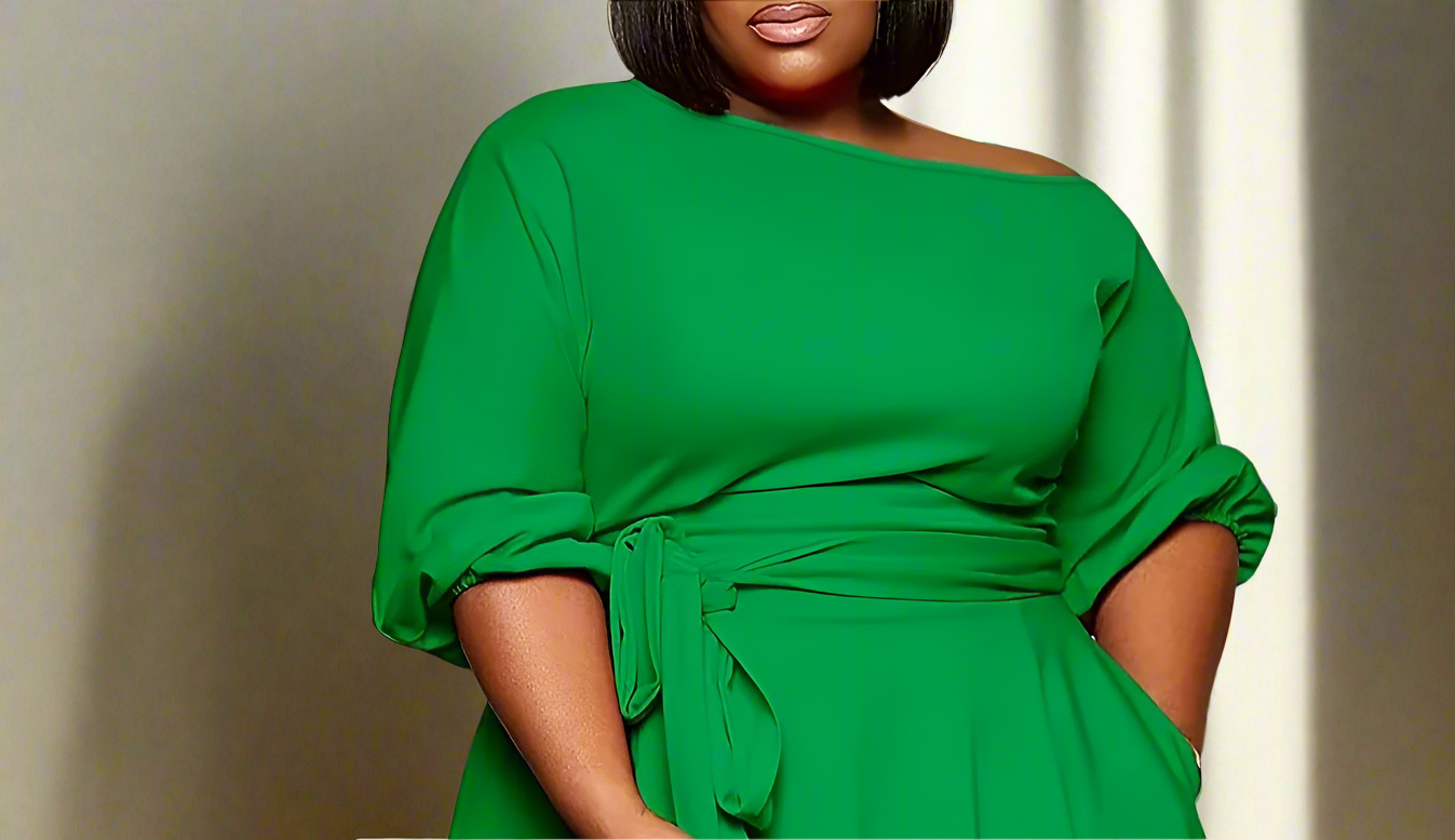 Dress ~ Green Half Sleeve Slash Neck with Belt