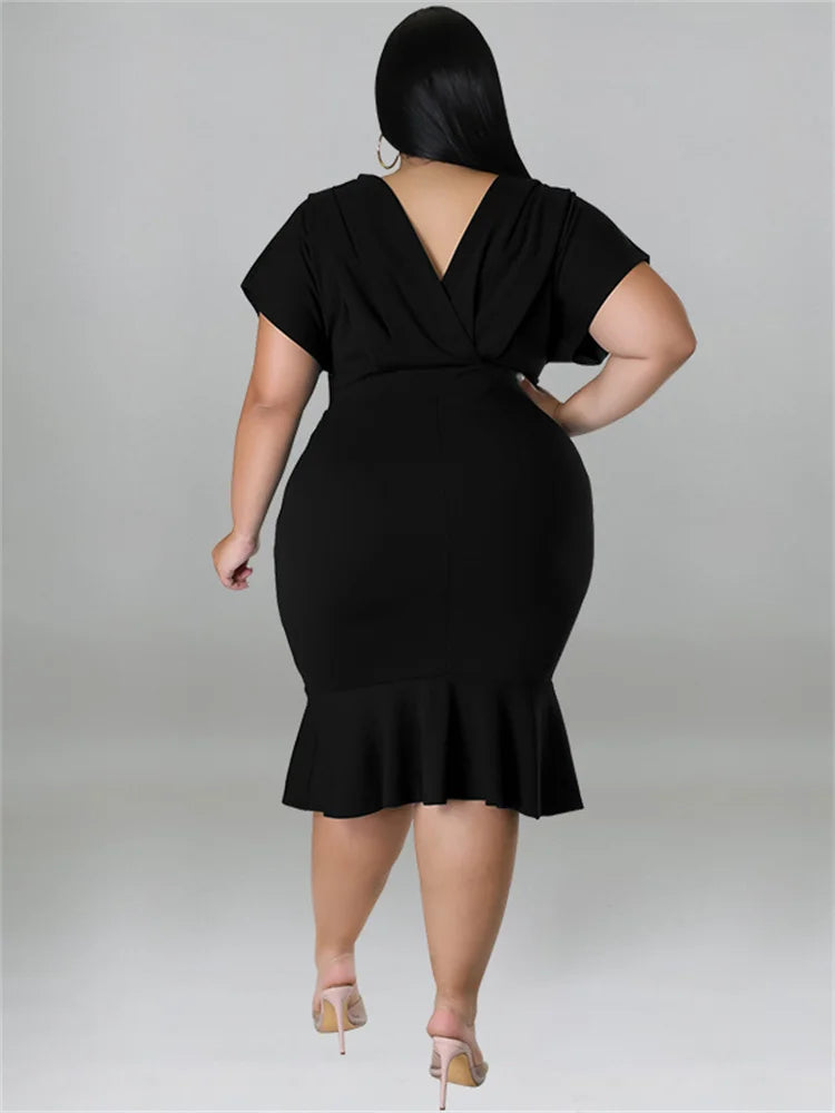 DRESS ~ Solid V Neck Ruffles Hem Elegant Midi
