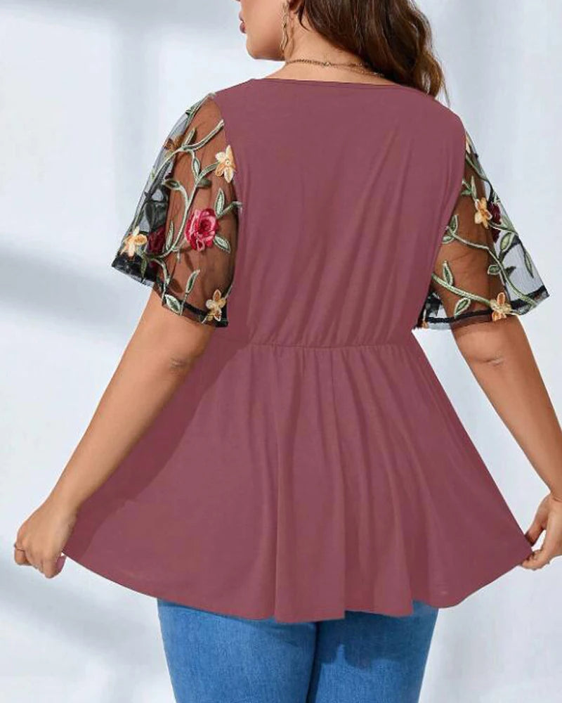 Top ~ V Neck with Floral Sleeves
