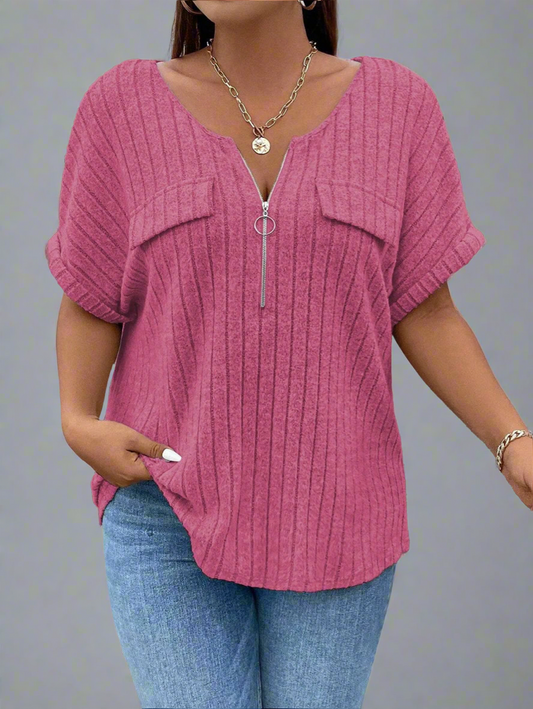 Top ~ Short Sleeve O-Ring Zip Neckline
