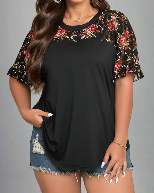 Top ~ Black Round Floral Neckline and Sleeves