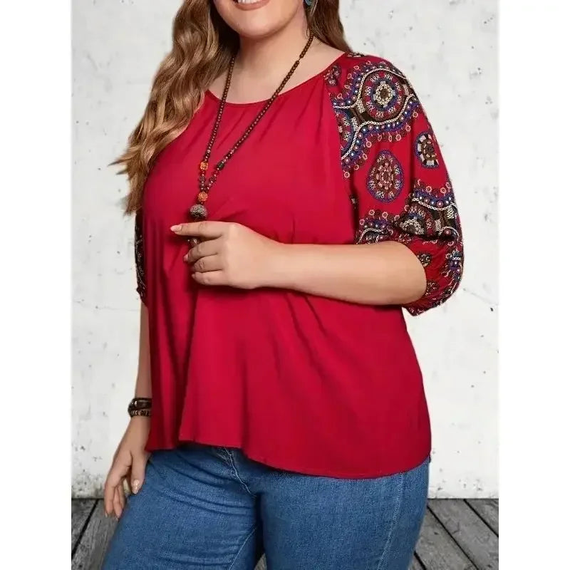 TOP ~ Red with Pattern Sleeve