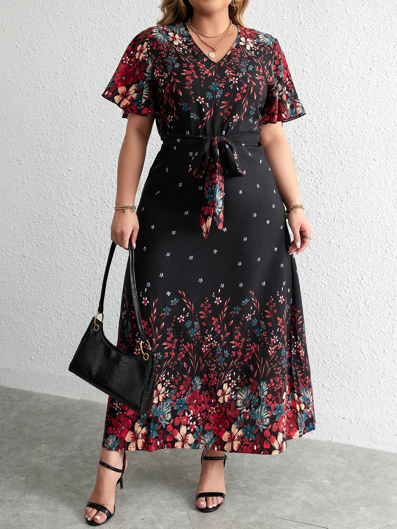 DRESS ~ Floral Print Butterfly Sleeve