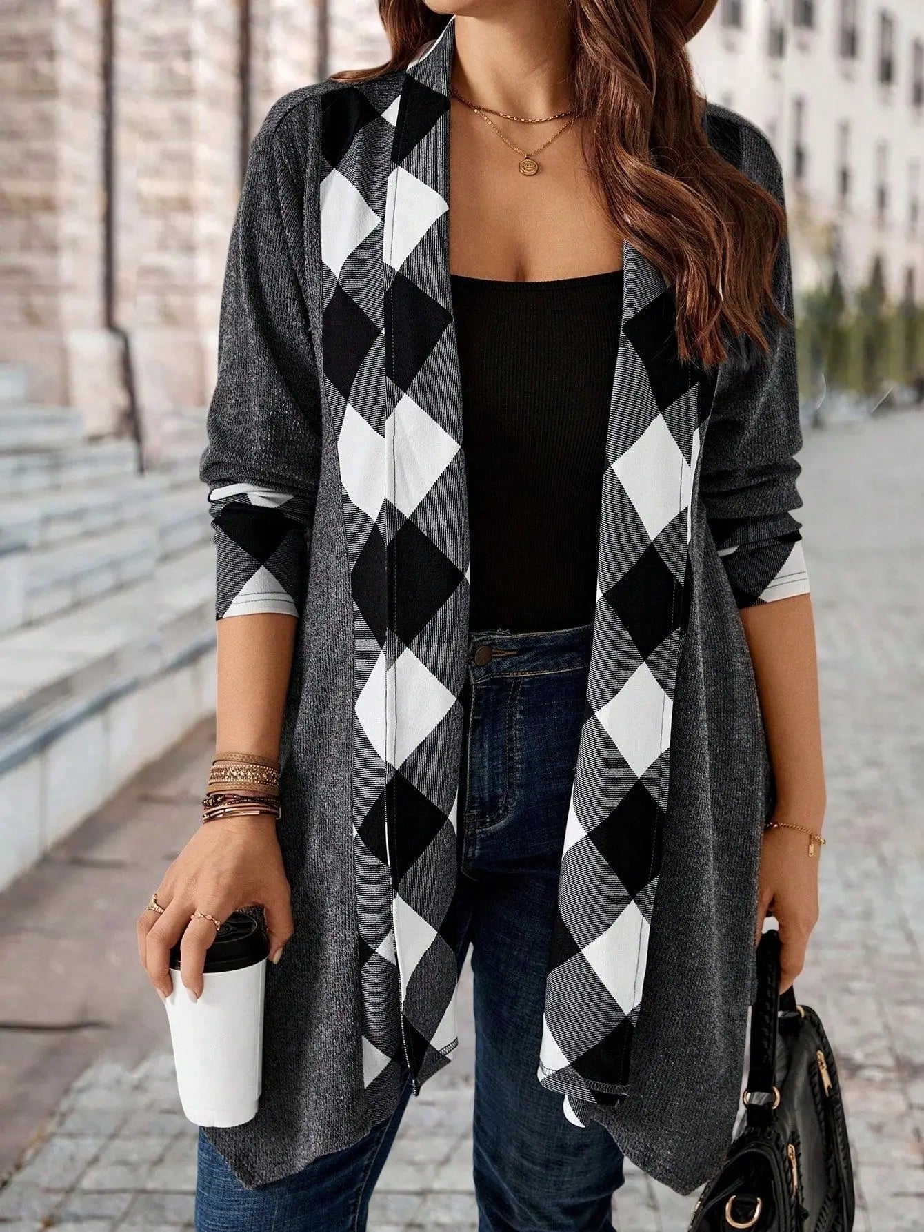 CARDIGAN ~ Gray Plaid Patchwork