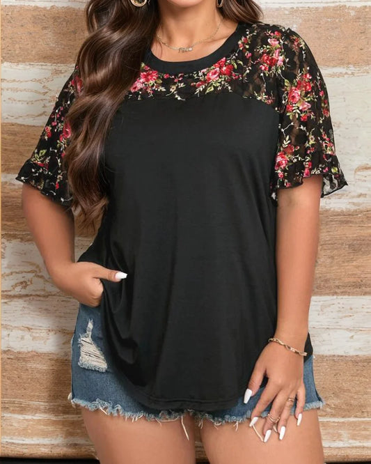 TOP ~ Round Neck With Floral Embroidery