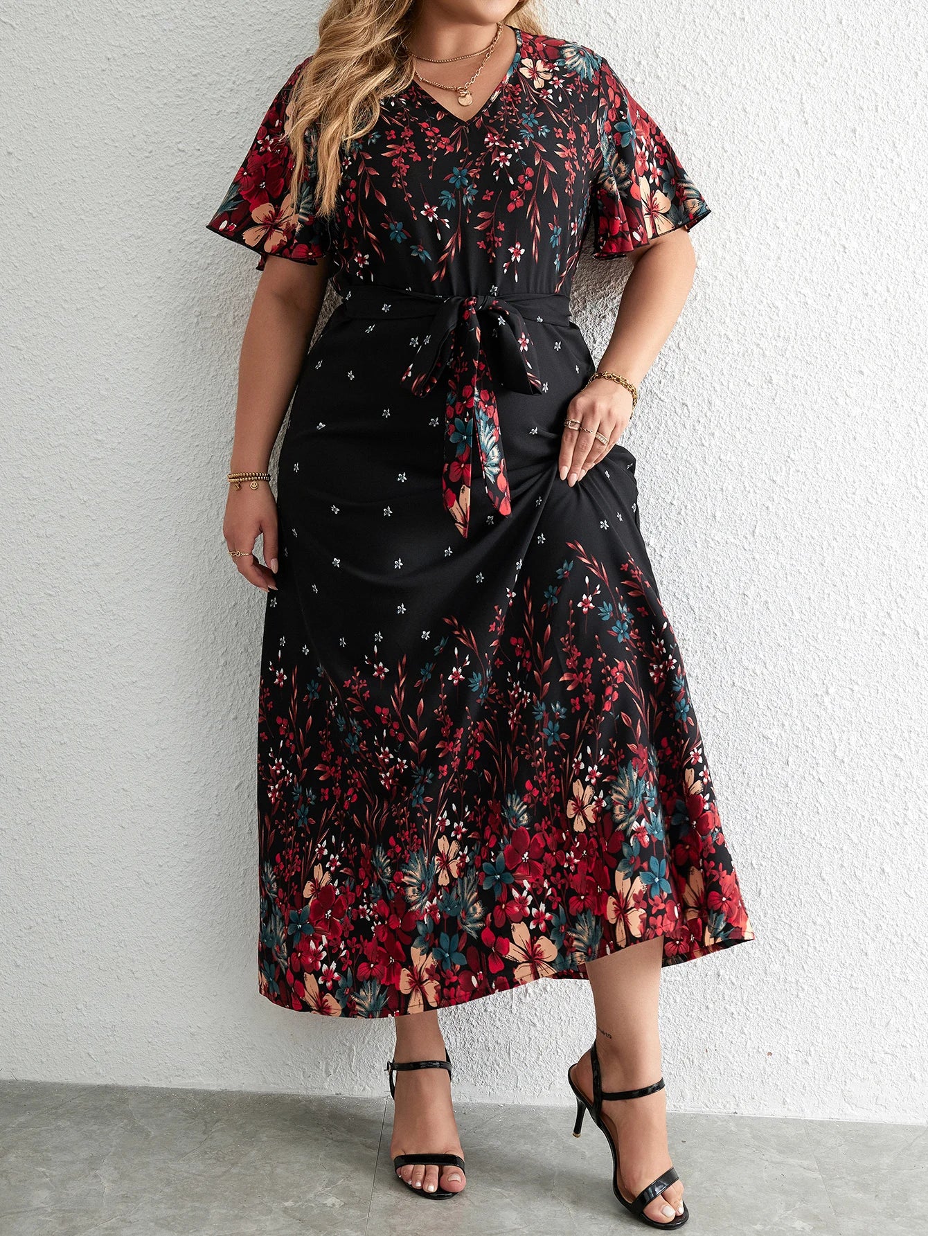 DRESS ~ Floral Print Butterfly Sleeve