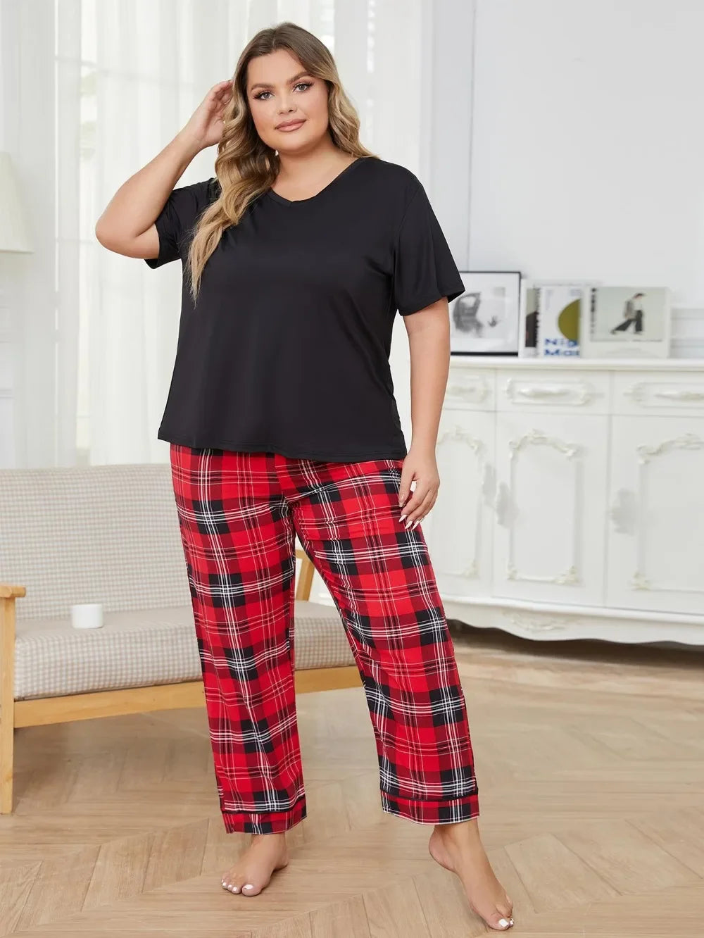 SLEEPWEAR ~ Short Sleeve Solid Top & Plaid Long Pants