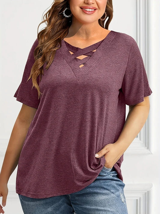 Top ~ Fuchsia Short Sleeve V Neck