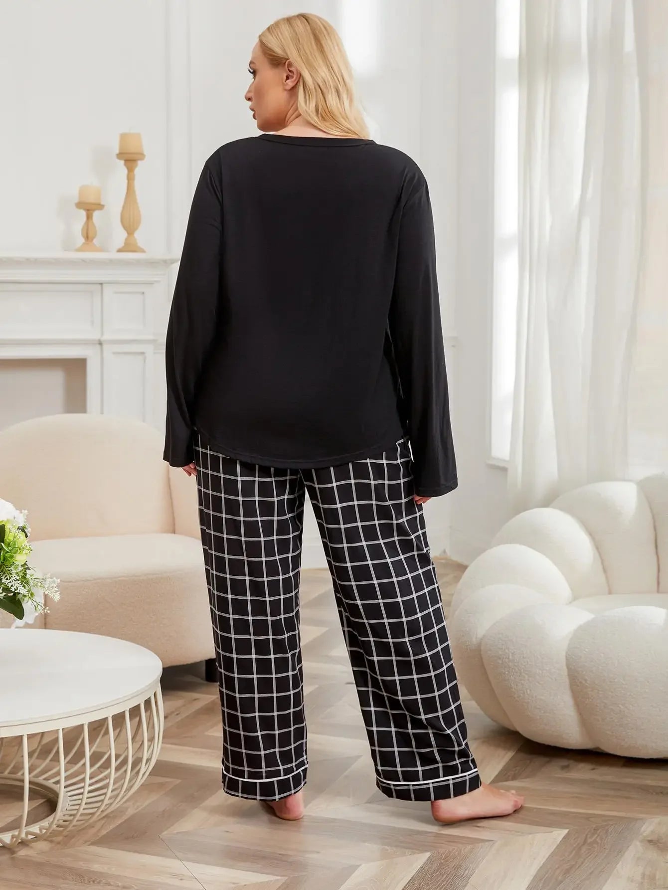 SLEEPWEAR ~ Solid Long Sleeve Top & Plaid Drawstring Waist Bottoms