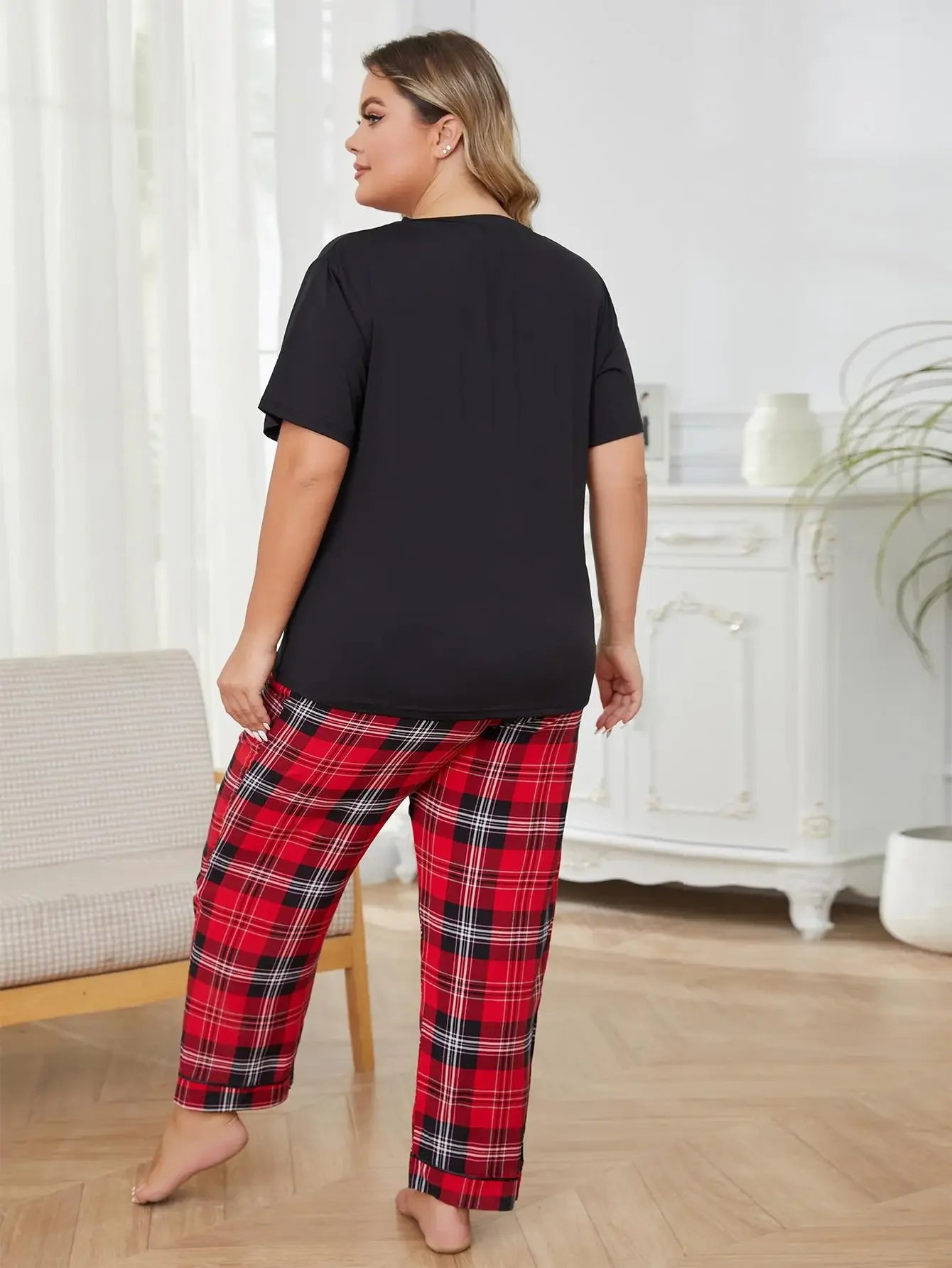 SLEEPWEAR ~ Short Sleeve Solid Top & Plaid Long Pants