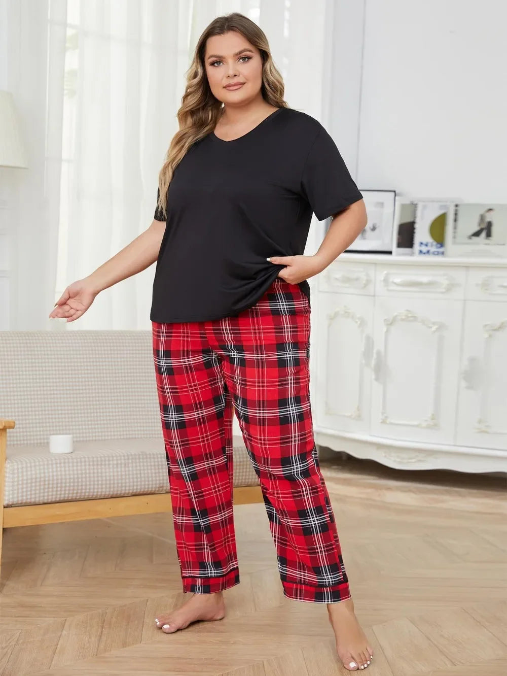 SLEEPWEAR ~ Short Sleeve Solid Top & Plaid Long Pants