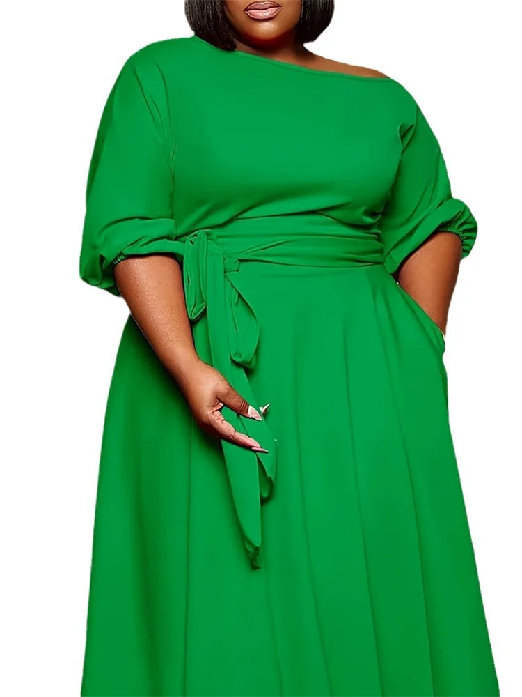 DRESS ~ Solid Green O-Neck