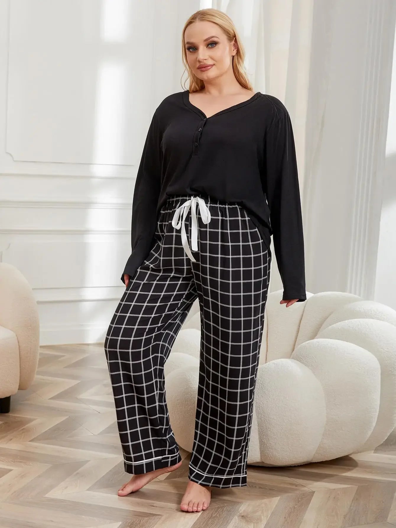 SLEEPWEAR ~ Solid Long Sleeve Top & Plaid Drawstring Waist Bottoms