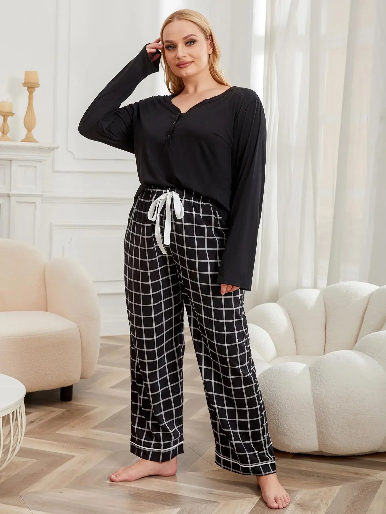 SLEEPWEAR ~ Solid Long Sleeve Top & Plaid Drawstring Waist Bottoms