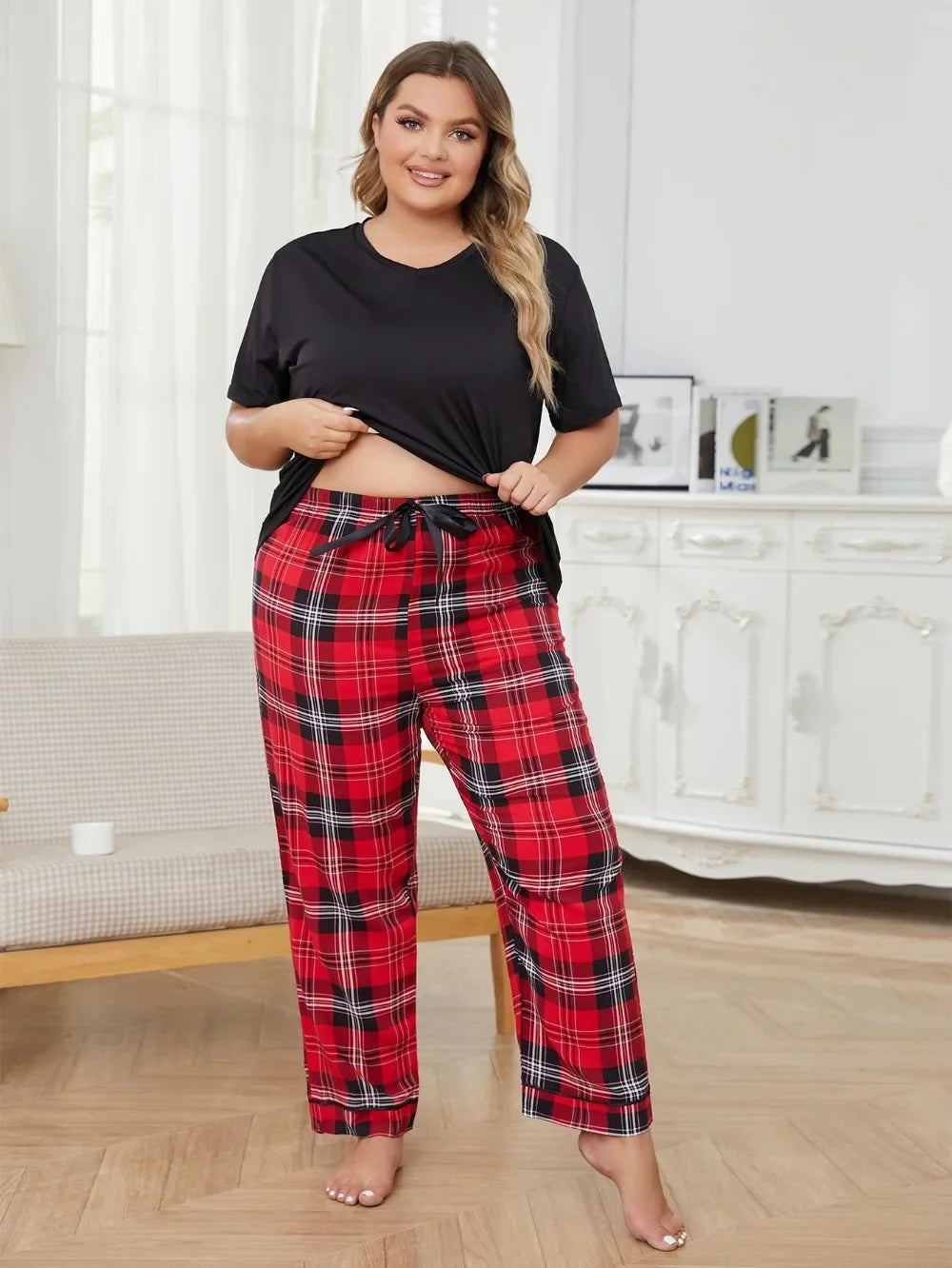 SLEEPWEAR ~ Short Sleeve Solid Top & Plaid Long Pants