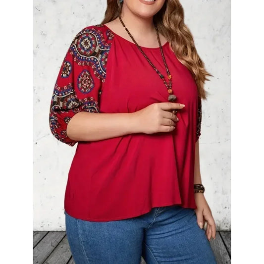 TOP ~ Red with Pattern Sleeve