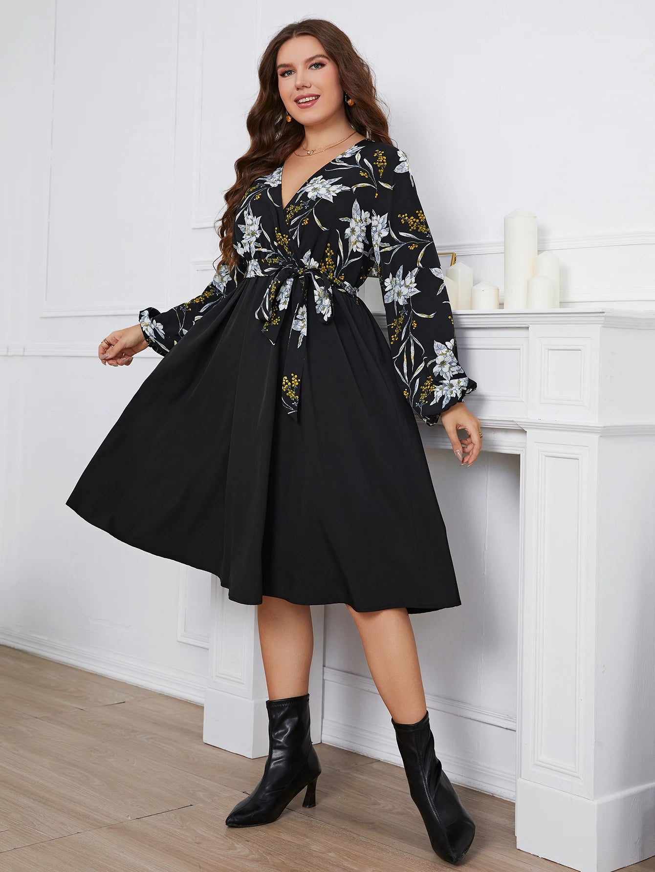 DRESS ~ V Neck Long Sleeves Elegant Midi