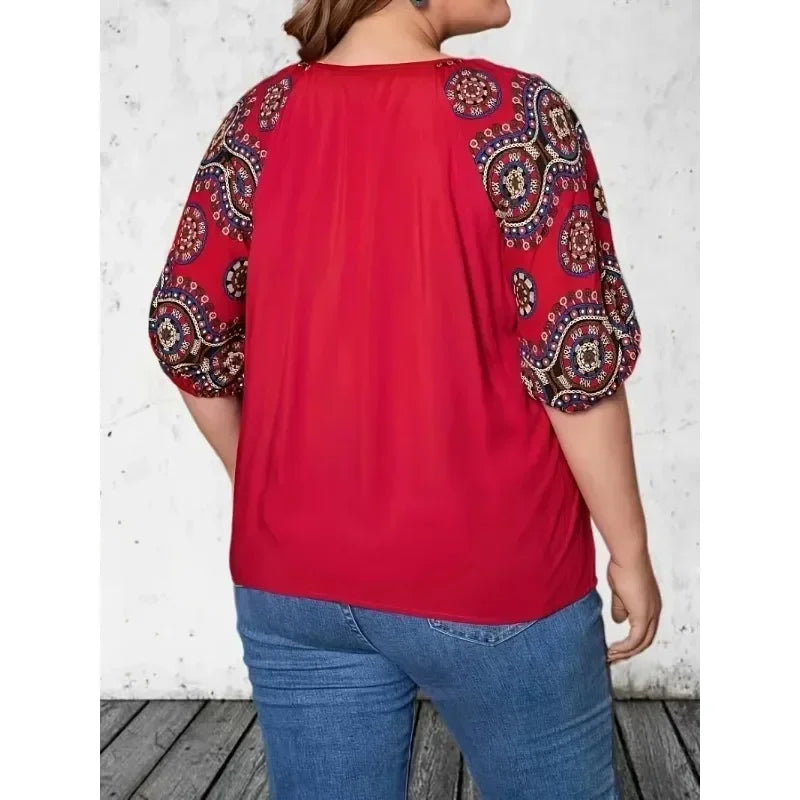 TOP ~ Red with Pattern Sleeve