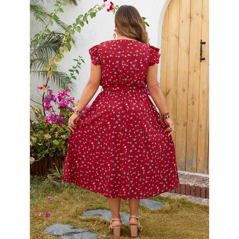 DRESS ~ Red Floral Print Tie Waist