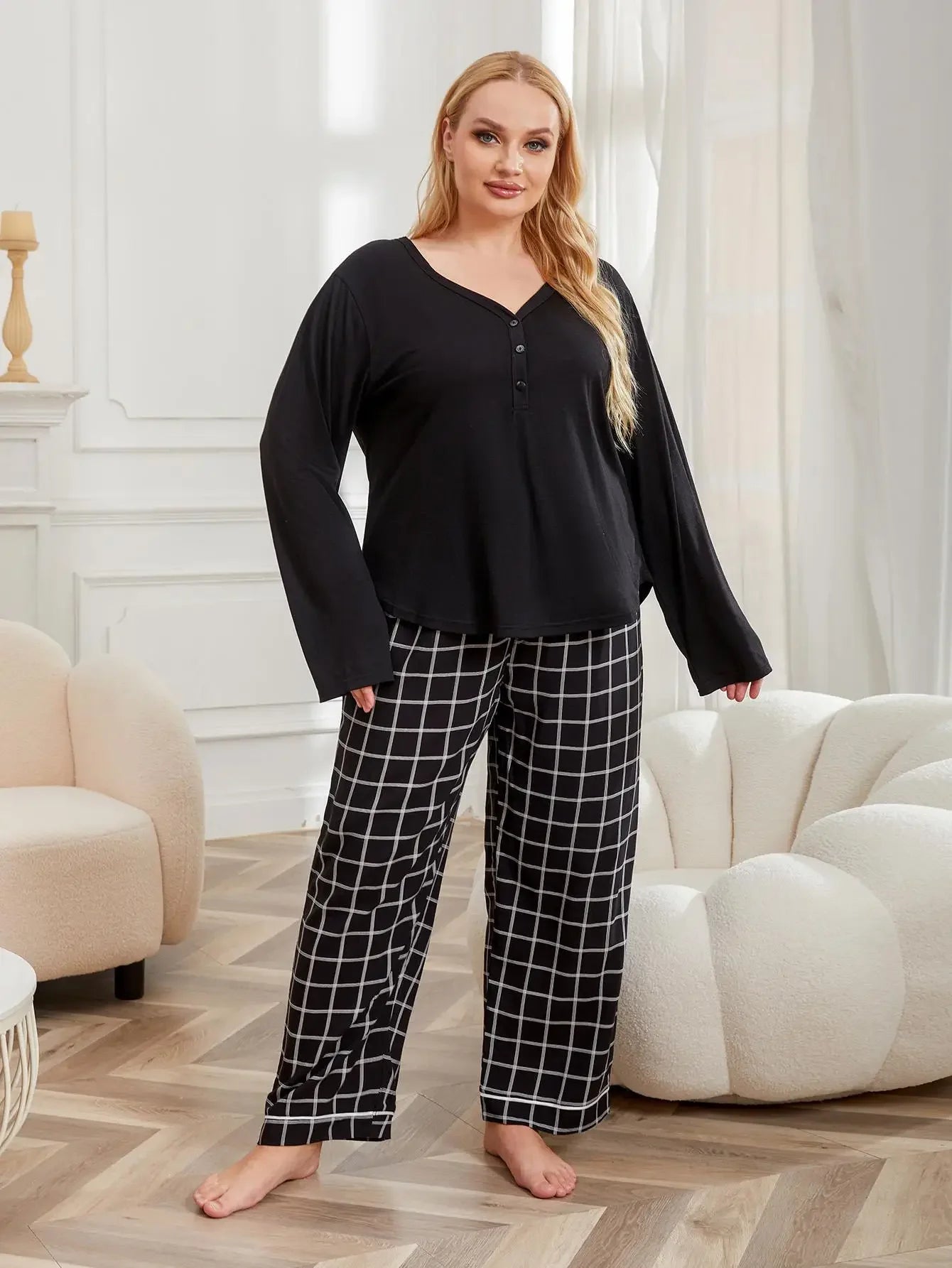 SLEEPWEAR ~ Solid Long Sleeve Top & Plaid Drawstring Waist Bottoms